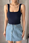 Kadın Lacivert Askılı Gloplu Südyenli Crop Atlet