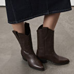 Noa Kahve Kadın Desenli Deri Kovboy Çizmesi