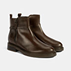 Kadın Kahve Metal Toka Detaylı Fermuarlı Deri Bot