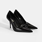 Kadın Siyah Taşlı Toka Detaylı Rugan Topuklu Abiye Ayakkabı