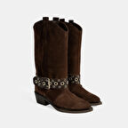 Kadın Kahve Ayarlanabilir Kemer Aksesuarlı Süet Bot