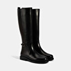 Kadın Siyah Metal Tokalı Kalın Topuklu Deri Çizme