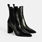 Kadın Siyah Lastikli Topuklu Deri Bot