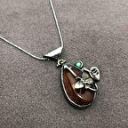 Orjinal Damla Kehribar Taşlı El İşçiliği Otantik Gümüş Kadın Kolye Ucu