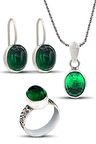 Zümrüt Taşlı Oval Model El işçiliği Otantik Gümüş Üçlü Set 201024120