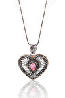 Pembe Kuvars Taşlı Kalp Model Oksitli Telkari Gümüş Kadın Kolye 201024149