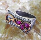 Yakut ve Zirkon Taşlı İşlemeli Gümüş Kadın Otantik Yüzük