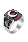 Tuğra Motif Bordo Akik Taşı Ay Yıldızlı Gümüş Erkek Yüzük