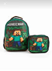 NEWFULL MİNECREFT BASKILI Erkek Çocuk  SIRT OKUL ÇANTASI-2'Lİ SET (YENİ SEZON)-YEŞİL