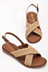 Kadın Düz Topuklu Sandalet Bej Hasır Çapraz Bantlı