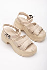 Kadın Dolgu Topuk Sandalet Bej 2 Kalın Bantlı cilt