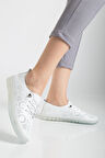 Hakiki Deri Kadın Günlük Ayakkabı Beyaz Lazer Baskılı Elastik Bağcıklı Jel Taban