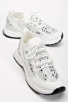 Kadın Spor Ayakkabı Beyaz Triko Taş Döşemeli Kalın Taban
