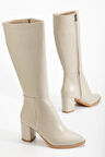 Kadın Topuklu Çİzme Bej Suni Deri Sivri Burun