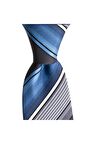 Mavi çizgili 7,5 cm genişliğinde ipek kravat