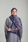 Saks Mavisi Desenli Şal Kesik Elyaf Pamuksu Etnik Dijital Baskılı 202123_24