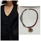 GRİ TİTANYUM KORDONLU BORDO AKİK ALPAKA UÇLU KOLYE