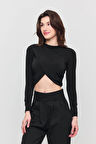 Kadın Siyah Crop Verev Bluz