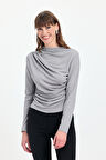 Kadın Büzgü Detaylı Uzun Kol Sandy Simli Gri Bluz
