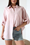Oversize Kalıp Keten Kumaş Aplike Cepli Apoletli Kadın Gömlek