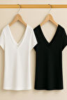 2 Adet Ön ve Arka V Yaka Basic Pamuklu Tişört