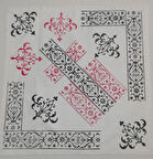 Kare, Beyaz, El Baskısı Ve Boyaması, Tasarım Masa Örtüsü, Keten El Yapımı Örtü, Kırmızı Beyaz, Moli tasarım