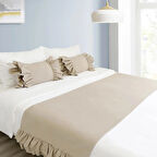 Ritmohome Yatak Runner Iç Dolgulu Kırlent Seti Çift Kişilik Fırfırlı Vizon