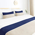 Ritmohome Yatak Runner & Iç Dolgulu Kırlent Seti Çift Kişilik Biyeli Koyu Mavi/Krem