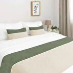 Ritmohome Yatak Runner & Iç Dolgulu Kırlent Seti Çift Kişilik Biyeli Krem/Yeşil