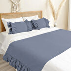 Ritmohome Yatak Runner & Iç Dolgulu Kırlent Seti Çift Kişilik Fırfırlı Açık Indigo