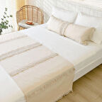 Ritmohome Yatak Runner & Iç Dolgulu Kırlent Seti Çift Kişilik Püsküllü Iskandinav Krem