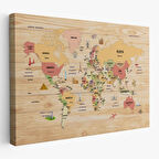 Harita Sepeti Ahşap Görünümlü Türkçe Dünya Haritası Dekoratif Kanvas Tablo 2088