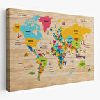 Harita Sepeti Ahşap Görünümlü Türkçe Dünya Haritası Dekoratif Kanvas Tablo 2096