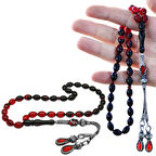 1000 Ayar Gümüş Kazaz Püsküllü Arpa Kesim Süzme Kırmızı-Siyah Ateş Kehribar Tesbih