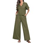 Barbora Zarif Kadin T-shirt ve Uzun Pantolon Alt Üst İkili Takım V Yaka Kısa Kollu Salaş Rahat Elbise  ln27haki2