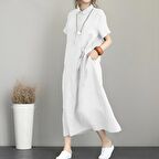 Barbora Keten Günlük Kısa Kol Tam Boy Yazlık Salaş Kadın Elbise LN245ekru