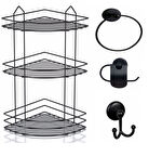 Banyo Aksesuar Seti 4 Lü SİYAH , Ömür Boyu Paslanmaz Köşelik Duş Rafı Şampuanlık SİYAH EK-03 