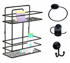 Banyo Aksesuar Seti 4 Lü SİYAH , Ömür Boyu Paslanmaz Düz Banyo Rafı Şampuanlık SİYAH TŞ-02