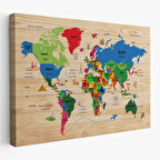 Harita Sepeti Ahşap Görünümlü Türkçe Dünya Haritası Dekoratif Kanvas Tablo 2110