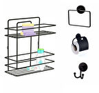 Banyo Aksesuar Seti 4 Lü SİYAH , Ömür Boyu Paslanmaz Düz Duş Rafı Şampuanlık SİYAH TŞ-02