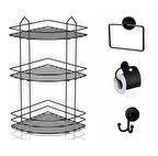 Banyo Aksesuar Seti 4 Lü SİYAH , Ömür Boyu Paslanmaz Banyo Köşeliği Duş Rafı Şampuanlık SİYAH EK-03