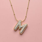 Kişiye Özel M Harfli Kolye Kadın Zirkon Taşlı Sarı Takı Hediyelik Aksesuar