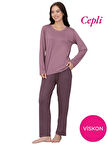 Kadın Bisiklet Yaka Düğmesiz Viskon Mevsimlik Uzun Kol Cepli Pijama Takımı