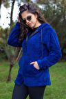 Kadın Saks Koyu Mavi Peluş Kalın Fermuarlı Kapüşonlu Cepli Ceket 23KCKTMY50