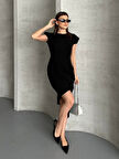 Kadın Siyah Vatkalı Asimetrik Kesim Scuba Crep Kumaş Elbise 25KELBP036