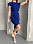 Kadın Mavi Vatkalı Asimetrik Kesim Scuba Crep Kumaş Elbise 25KELBP036