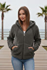 Kadın Füme Kurşuni Peluş Yumoş Fermuarlı Kapüşonlu Cepli Welsoft Yelek 22KCKTERES