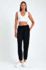 Kadın Siyah Pamuklu Kalın Paçası Lastikli Yüksek Bel Rahat Jogger Eşofman Altı