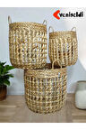 3lü Yuvarlak Dekoratif Hasır Sepetler Saklama Amaçlı yen2400073