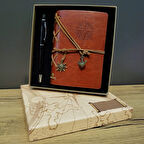 Kahverengi Pusula Tasarım Deri Defter Ve Siyah Kalem Seti